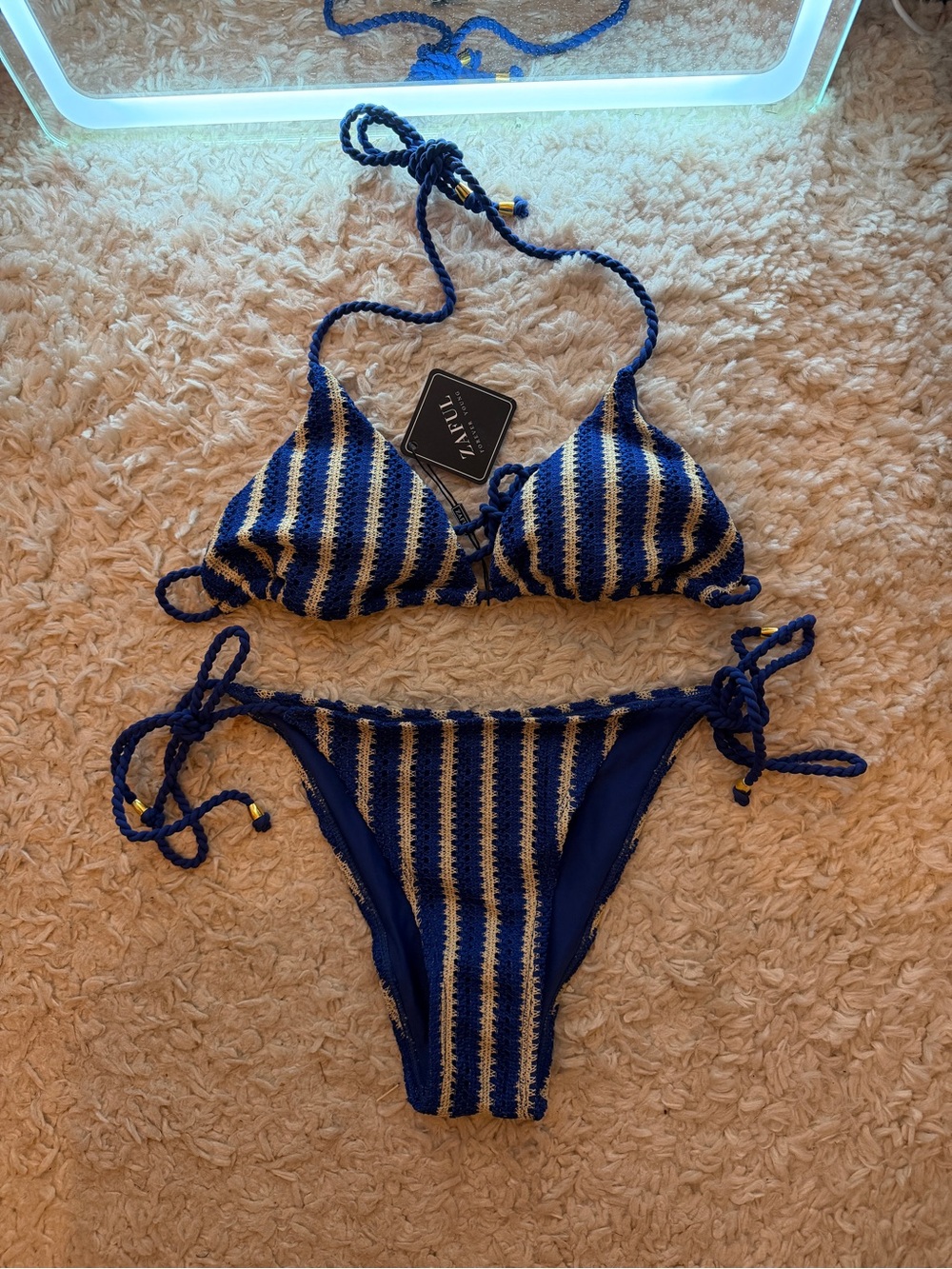 Zaful Blue & Cream Striped Crochet Tie Bikini